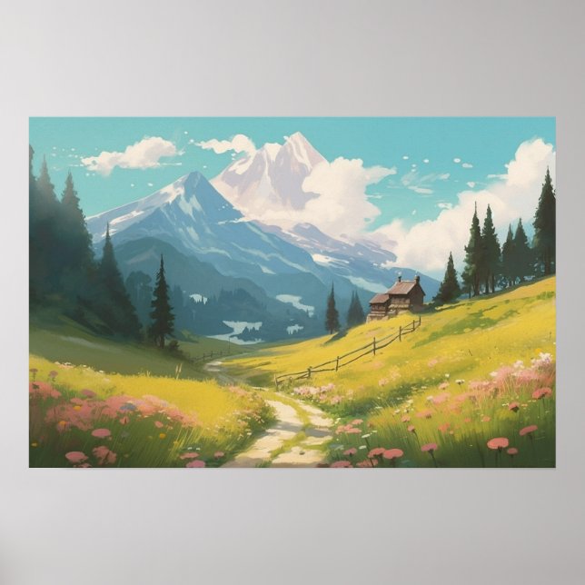 Anime painting winding path farm meadow mountains poster (Front)