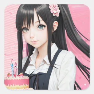 Anime Pink and Black Birthday Girl and Cake Square Sticker