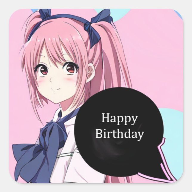 Anime Pink and Black Birthday Girl Square Sticker (Front)