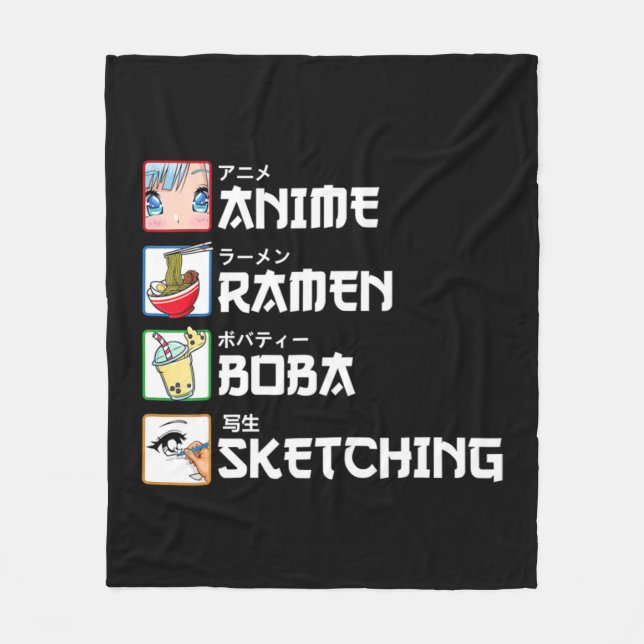 Anime Ramen Boba Sketching Japanese Manga Milk Tea Fleece Blanket (Front)