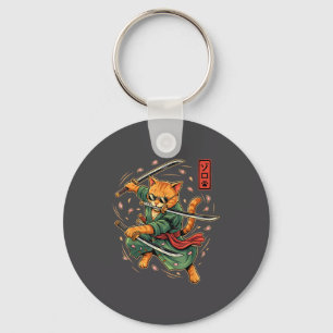 Anime Samurai Cat Three Swords Japanese Style Art Keychain