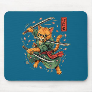 Anime Samurai Cat Three Swords Japanese Style Art Mouse Pad