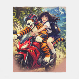 Anime Schoolgirl and Tiger Motorcycle Ride – Fleece Blanket