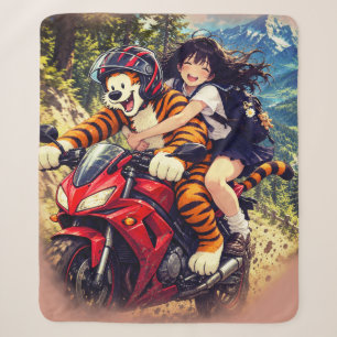 Anime Schoolgirl and Tiger Motorcycle Ride – Sherpa Blanket