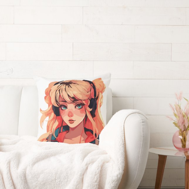 Anime Serenade: Turquoise Melody Throw Pillow (Couch)
