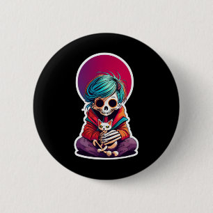 Anime Skeleton Holding A Cat Shirt Lazy Halloween  2 Inch Round Button