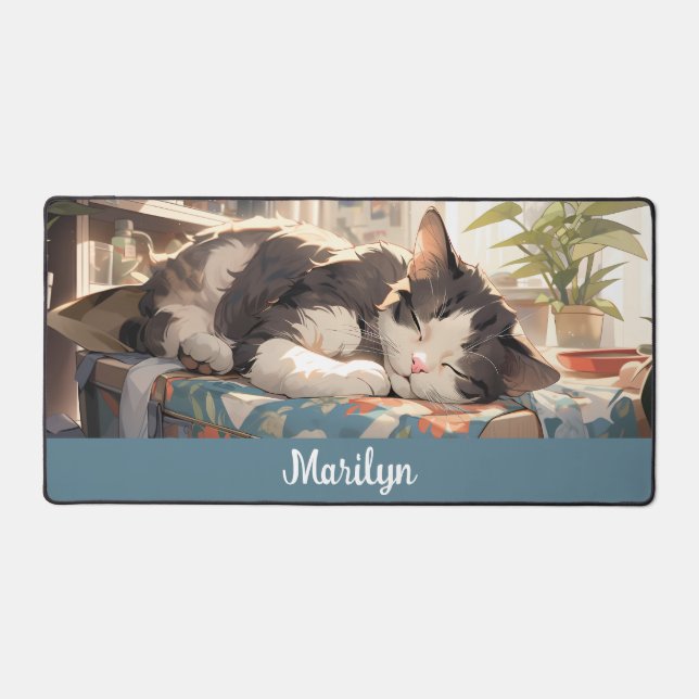 Anime Sleeping Cat Desk Mat (Front)