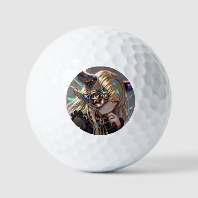 Anime Steampunk Horned Beauty with Star Monocle Golf Balls (Front)