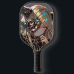 Anime Steampunk Horned Beauty with Star Monocle Pickleball Paddle<br><div class="desc">Ornate anime portrait of a horned blonde in black ruffles,  featuring a winged star monocle,  gemstone accents,  and iridescent rainbow flares. A luxe blend of steampunk,  celestial motifs,  and dark elegant fantasy for fans of detailed character art.</div>