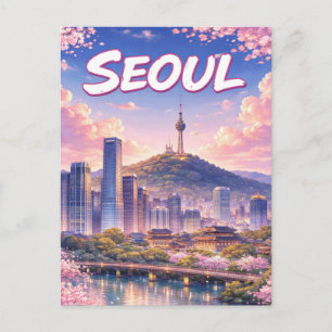 Anime Style Seoul South Korea Skyline Postcard