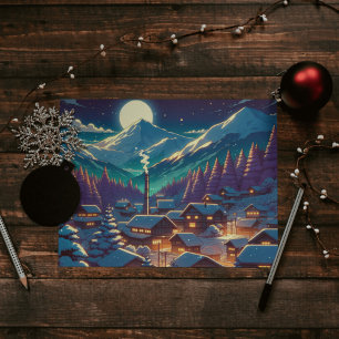 Anime Style Winter Village Snowy Night Scene Postcard
