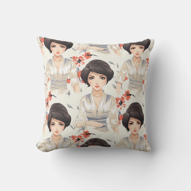 Anime Style Woman Throw Pillow (Front)