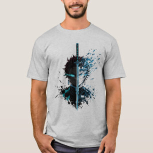 Anime Sword Split Face Warrior – Blue Energy Demon T-Shirt