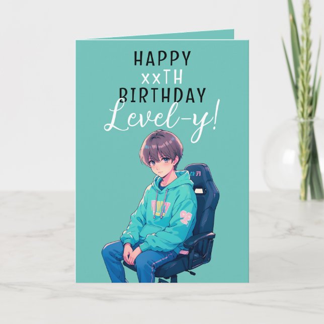 Anime Teal and Black Gamer Custom Age Birthday Card (Front)