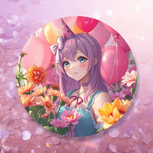 Anime Themed Birthday Girl  Classic Round Sticker