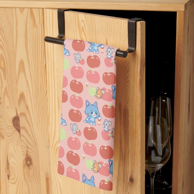 Anime Tom, Jerry, and Tuffy Apple Pattern Kitchen Towel (Thirds Fold)