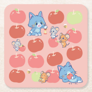 Anime Tom, Jerry, and Tuffy Apple Pattern Square Paper Coaster