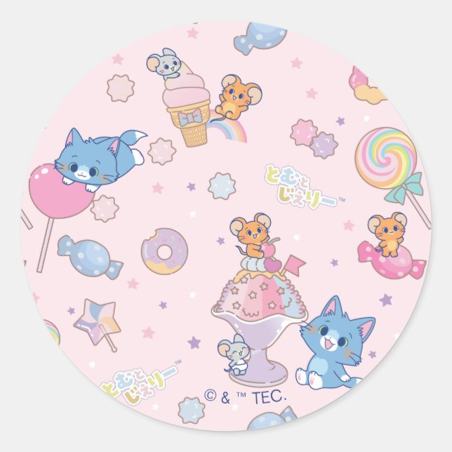 Anime Tom, Jerry, and Tuffy Candyland Pattern Classic Round Sticker (Front)