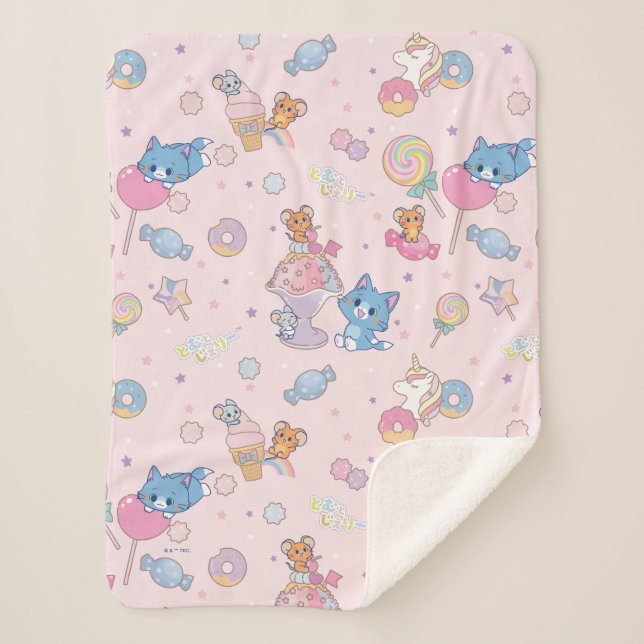 Anime Tom, Jerry, and Tuffy Candyland Pattern Sherpa Blanket (Front)