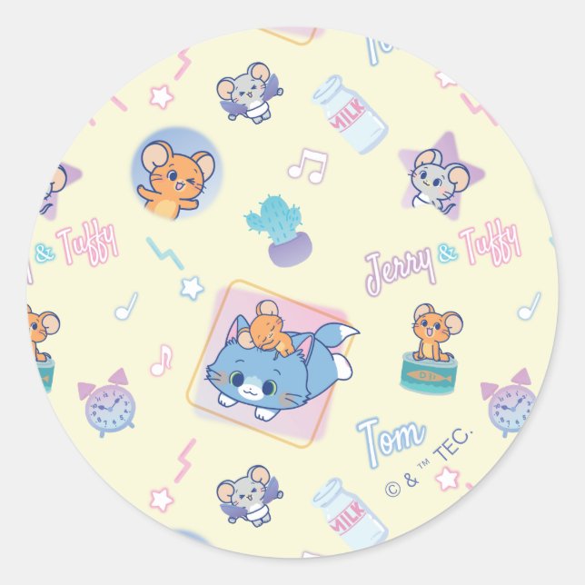 Anime Tom, Jerry, and Tuffy Playtime Pattern Classic Round Sticker (Front)