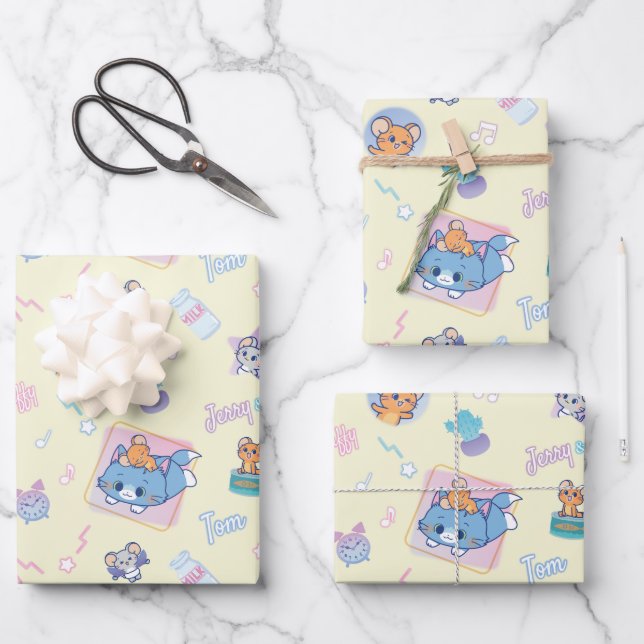 Anime Tom, Jerry, and Tuffy Playtime Pattern Wrapping Paper Sheet (Front)