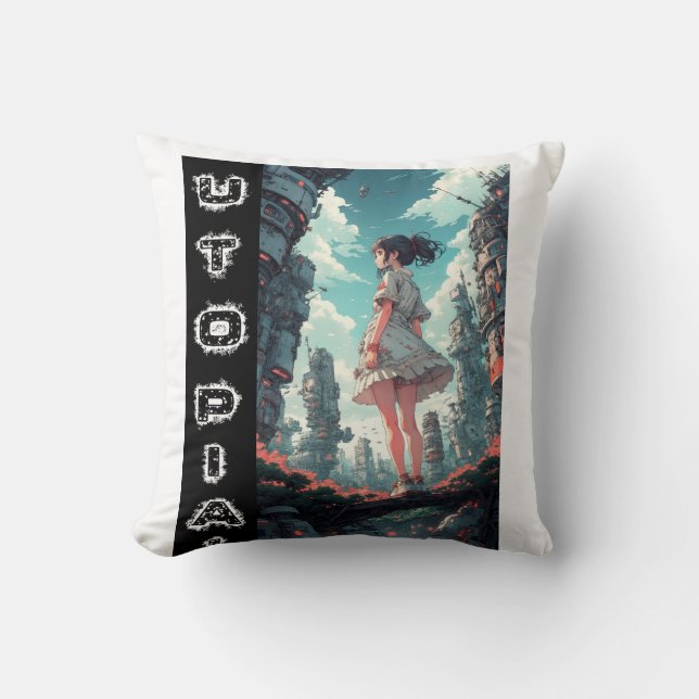 Anime Utopia Into The Future Design Throw Pillow (Front)