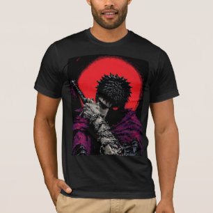 Anime Warrior Red Moon Sword Hug Art T-Shirt