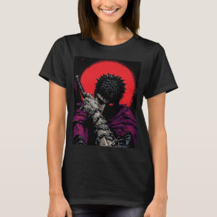 Anime Warrior Red Moon Sword Hug Art T-Shirt