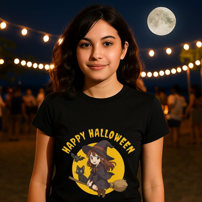 Anime Witch & Cat On Broom Halloween T-Shirt (Creator Uploaded)