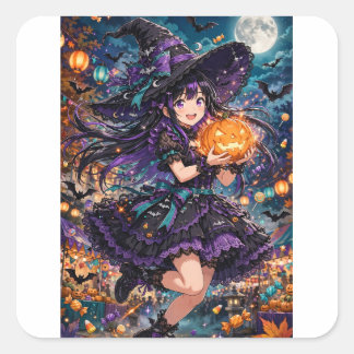 Anime Witch Girl Halloween Illustration Square Sticker