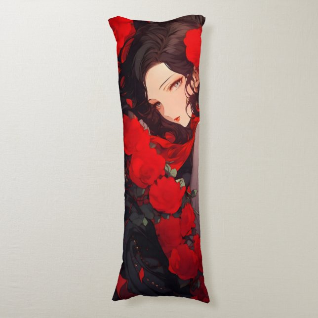Anime Woman and Red Flowers Body Pillow (Front Vertical)