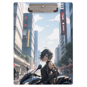 Anime woman biking downtown clipboard