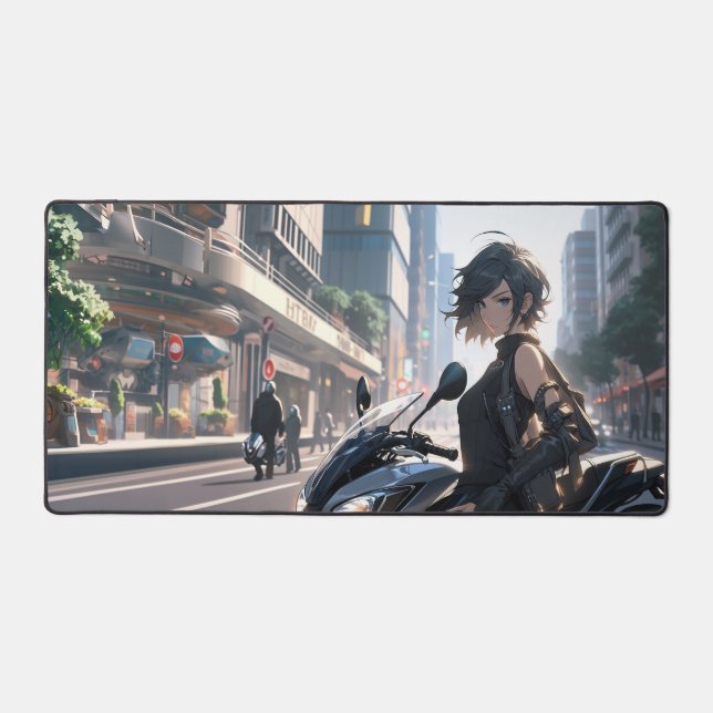 Anime woman biking downtown desk mat (Front)
