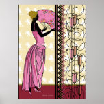 ANJANETTE: Art Deco Fashion in Pink and Yellow Poster<br><div class="desc">Anjanette is another in our silhouettes series. She stands just beyond a foreground of art deco iron and glass work and in front of a floral wallpaper - in white silhouette - that matches the floral design on her fan. Her dress is a redesign of a gown from 1913.</div>