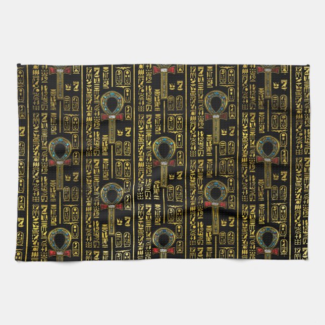 Ankh  and Egyptian hieroglyphs pattern Kitchen Towel (Horizontal)