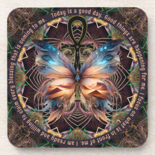 Ankh Butterfly Life Symbol Mandala Affirmation Coaster