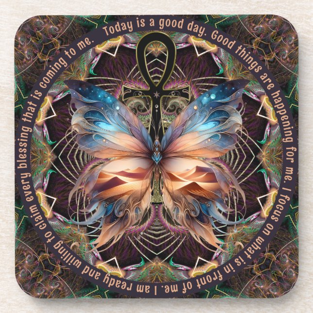 Ankh Butterfly Life Symbol Mandala Affirmation Coaster (Front)