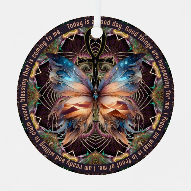 Ankh Butterfly Life Symbol Mandala Affirmation Metal Ornament (Front)