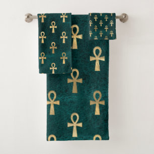Ankh Pattern Gold on Green Bath Towel Set