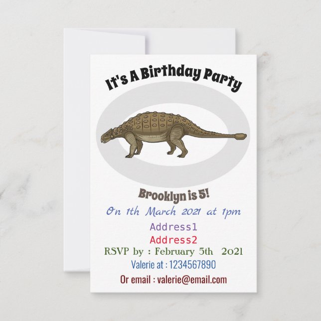 Ankylosaurus cartoon illustration invitation (Front)