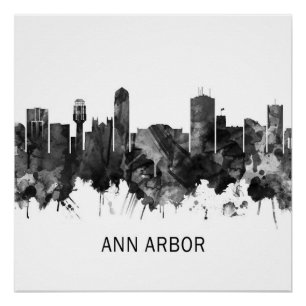 Ann Arbor Michigan Skyline BW Poster