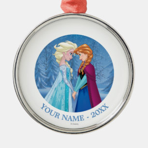 Anna and Elsa   Facing Each Other Add Your Name Metal Ornament