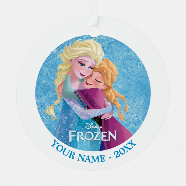 Anna and Elsa | Hugging Add Your Name Metal Ornament (Front)