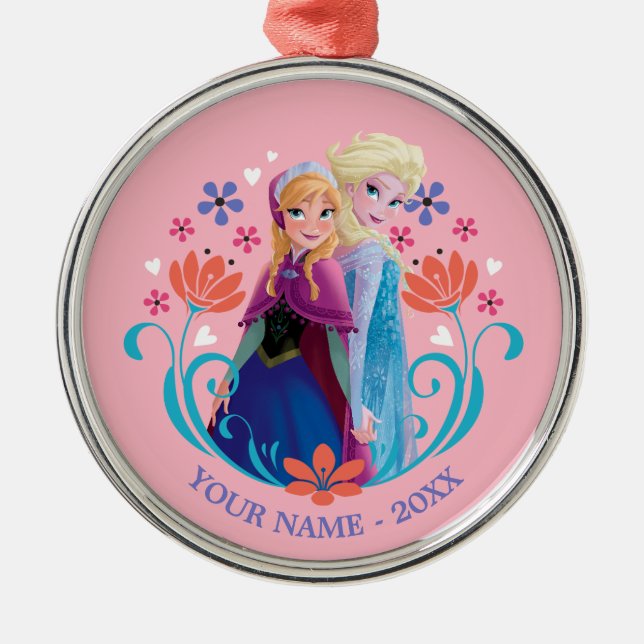 Anna and Elsa | Sisters with Flowers Add Your Name Metal Ornament (Front)
