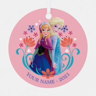 Anna and Elsa   Sisters with Flowers Add Your Name Metal Ornament