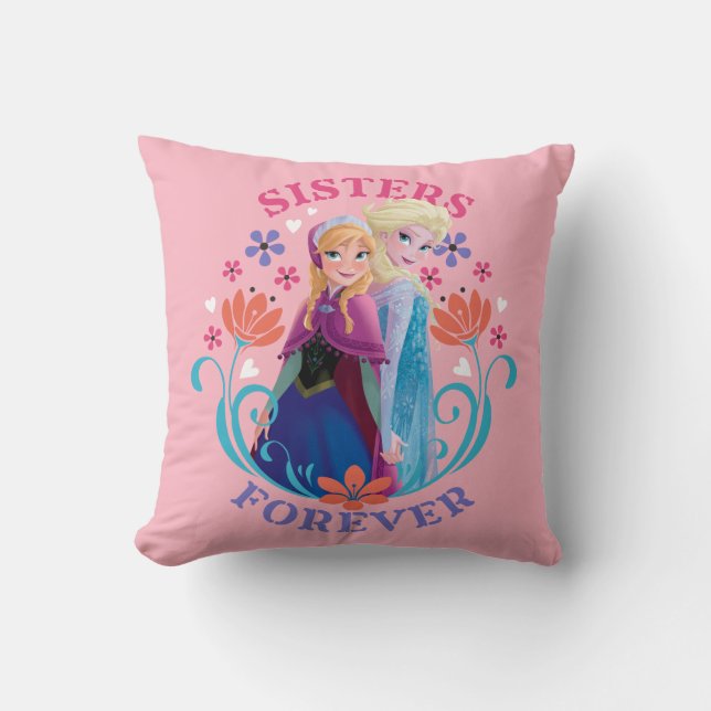 Anna and Elsa | Sisters with Flowers Throw Pillow (Front)