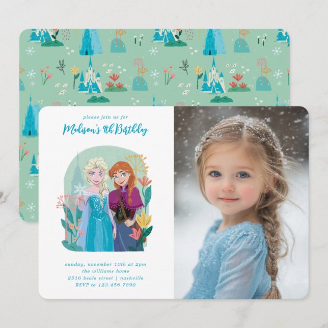 Anna & Elsa Frozen Floral Girls Birthday - Photo Invitation (Front/Back)