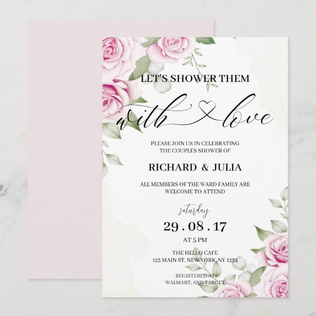 ANNA Let's Shower Invitation / Aquarelle, rose (Devant / Derrière)