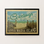 Anna Maria Island Beach Vintage Travel Jigsaw Puzzle<br><div class="desc">This Greetings From Anna Maria Island vintage postcard design features a sandy beach with a beautiful turquoise ocean water and above the sea,  a blue sky with billowy white clouds. In vintage travels style.</div>