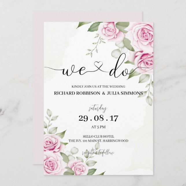 ANNA Wedding Invitation / We Do, Watercolor Pink (Front/Back)